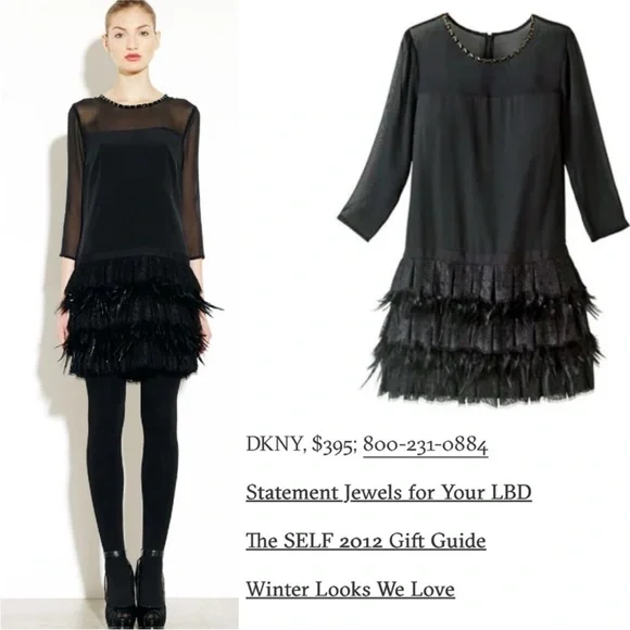 DKNY Black Long Sleeve Feather Dress - Picture 1 of 7